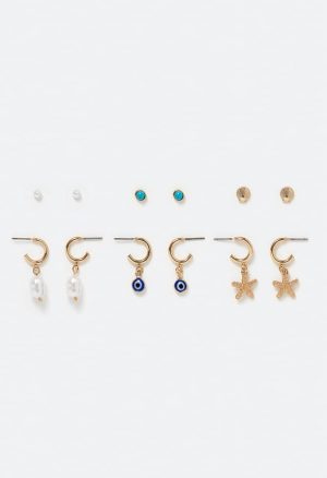 6-Pairs Pack Fay Mix Shell And Evil Eye Earrings