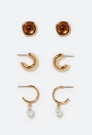 3-Pair Kira Mixed Stud & Hoops With Smooth Stone & Pearl Details