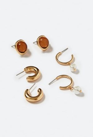 3-Pair Kira Mixed Stud & Hoops With Smooth Stone & Pearl Details