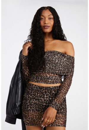 Mesh Off Shoulder Long Sleeve Top