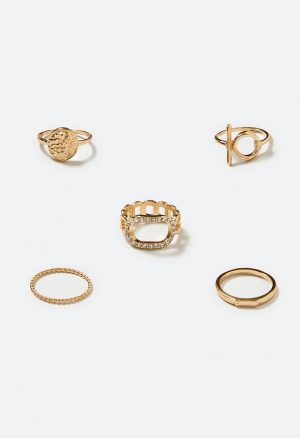 6-Mixed Anya Rhinestone And Organic Metal Rings Set