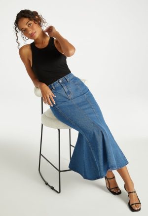 Denim Paneled Flare Skirt