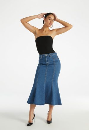 Denim Paneled Flare Skirt