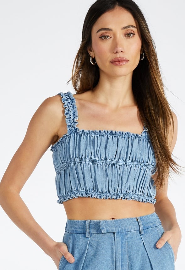 Smocked Denim Crop Tank
